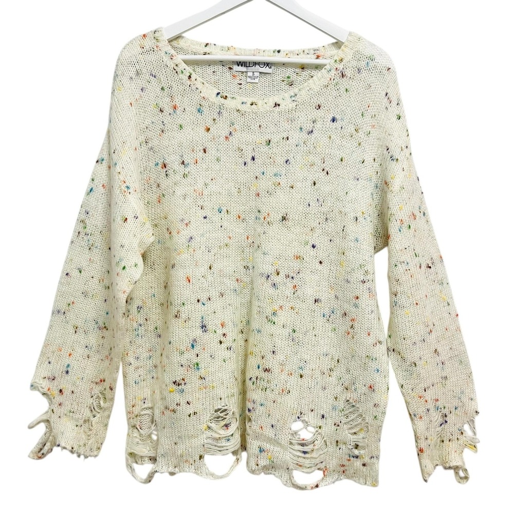 Wildfox Sweater Womens Small Ivory Speckled Distressed Oversized Pullover Knit